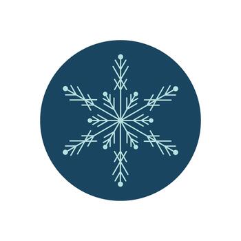 Winter snow flake line icon in blue and white on a round label. Frozen element with cold decoration and circle shape as christmas seal for package. Simple style ideal for holiday product. vector