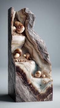 Close-up cutaway of ancient fossil rock showing internal layers preserved fossils realistic mineral textures and detailed natural patterns in clean studio background photo