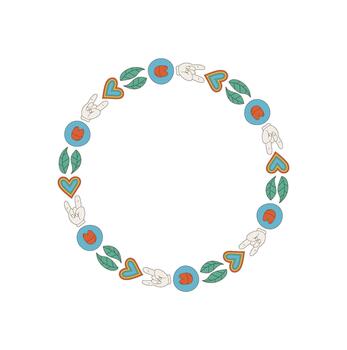 Groovy retro sticker circle border with colorful heart and hand, hippie peace motif pattern. Vibrant y2k accent in playful style, perfect as a decorative art element or creative label. vector