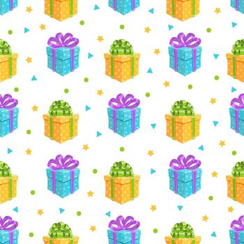 dibujos animados presente caja sin costura modelo. regalo cajas con cinta y arco crear un juguetón sorpresa. Perfecto para cumpleaños fiesta envase, vistoso y festivo estilo. vector