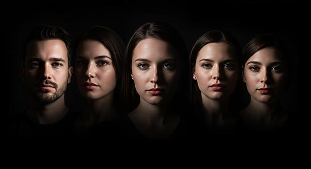 Group Portrait of Diverse Individuals in Dark Setting with Dramatic Lighting photo