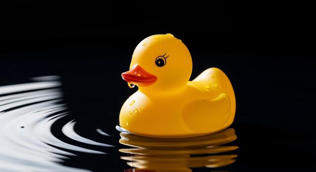 Yellow Toy Duck Floating on Water Surface with Ripples on Black Background photo