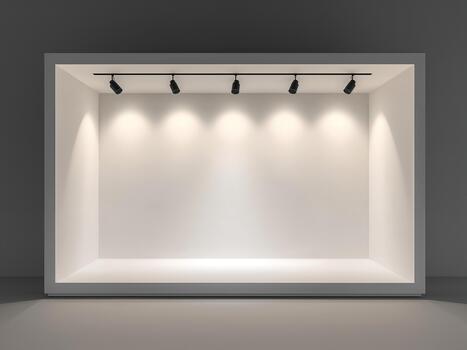 Empty white showcase mockup for product display. A blank store window or gallery niche with spotlights. photo