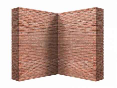 A 3D render of a red brick wall corner, isolated on a white background. Abstract architectural element. photo
