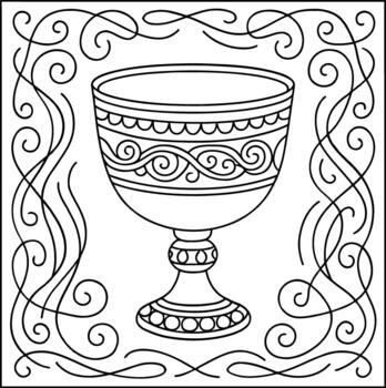 Ornate medieval chalice with intricate swirl patterns in a decorative frame, a black and white line art illustration for coloring pages vector