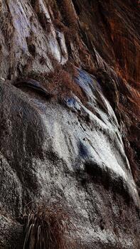 Rugged rock cliff with water flow and sparse vegetation in Utah landscape photo