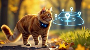 en katt med en gps tracker promenader längs en väg. en röd katt promenader i de parkera video