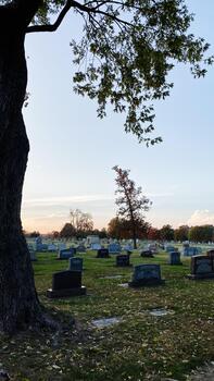Cemetery at sunset in Southern Illinois with a large foreground tree and rows of tombstones photo