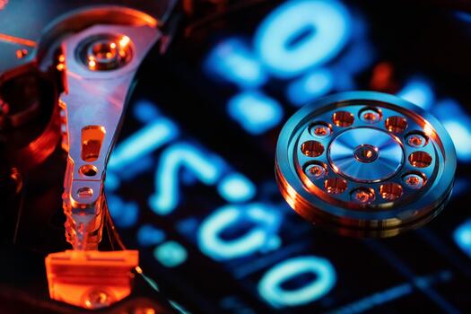 A hard disk with a blue binary code photo