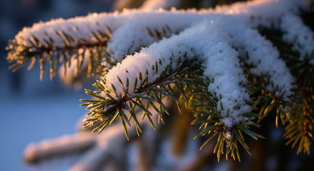 Close up of Fresh Snow on Pine Tree Branch with Golden Sunlight photo