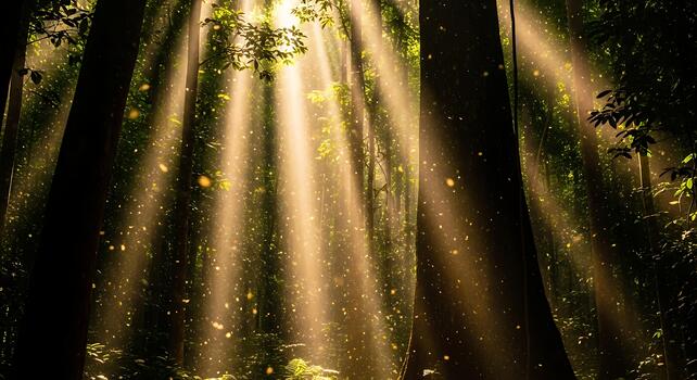 Magical Sun Rays Filtering Through Dense Forest Canopy with Floating Motes of Light photo