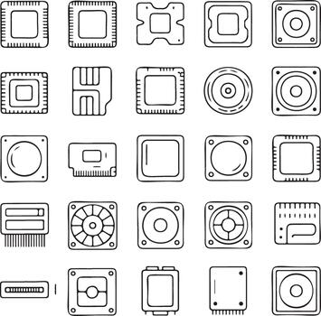 colección de mano dibujado computadora componente íconos y símbolos vector