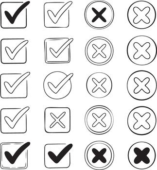 Collection of hand drawn checkmarks and crosses in boxes and circles vector