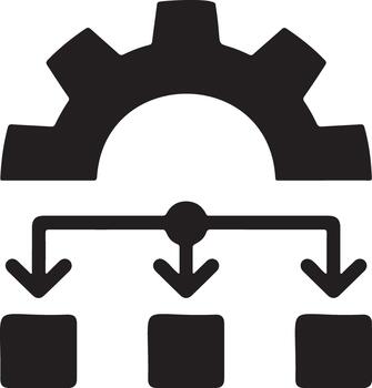 transparen and white icon representing a workflow or process with a gear and branching arrows vector