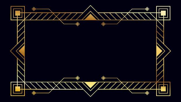 Elegant gold Art Deco frame on a dark background featuring geometric line, symmetrical border, and angular decorative shapes, perfect for luxury invitation, certificate, and premium design template vector
