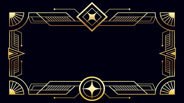 Template Elegant gold Art Deco frame on a dark background featuring geometric line, symmetrical border, and angular decorative shapes, perfect for luxury invitation, certificate, and premium design vector