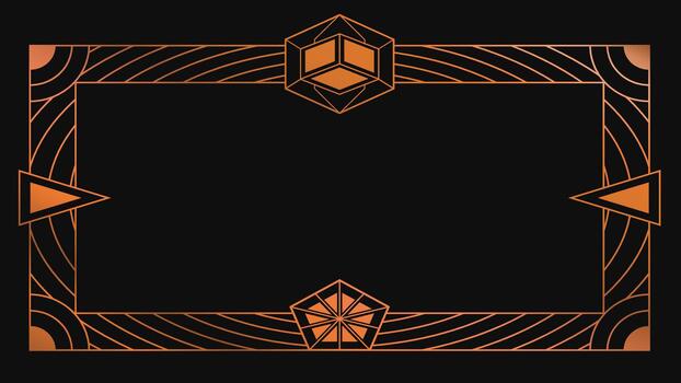 Bold Art Deco frame featuring orange geometric shapes, curved line pattern, and symmetrical ornament on a black background. Ideal for invitation, poster, certificate, retro design, and luxury layout vector