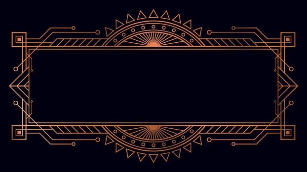 Elegant geometric frame with copper-gold Art Deco elements on a dark background featuring symmetrical line, circuit style pattern and decorative sunburst motif ideal for luxury template and invitation vector
