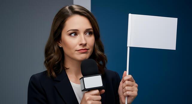 Reporter Woman Holding Flag Microphone Journalist News Interviewer Concept photo