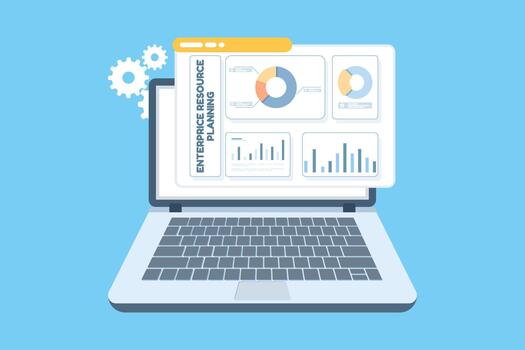 Enterprise resource planning software on a laptop helps teams coordinate tasks, manage resources, and monitor performance to increase business productivity and efficiency. vector