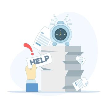 A stressed businessman raises a paper labeled 'Help' as towering stacks of documents surround him, symbolizing overwhelming tasks, heavy workload pressure, and burnout. illustration. vector