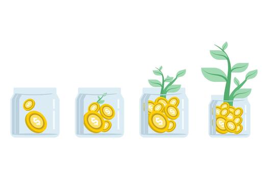 Steps to invest money with coins. A coin placed in a jar containing more and more coins symbolizes financial growth, smart investment strategies, long-term savings, and wealth building. vector