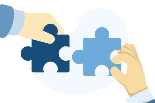 Hands putting puzzle pieces together, partnership and teamwork concept, business solutions, collaboration, strategy brainstorming, unity symbol, modern illustration. vector