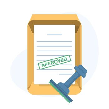 An approved stamp presses onto a contract sheet, confirming validation and authorization. The rubber stamp symbolizes acceptance of business documents, agreements, and official approval. vector