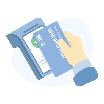 Contactless payment concept showing a hand tapping a credit or debit card near a POS terminal, illustrating NFC transactions and fast, secure cashless purchases. flat illustration. vector