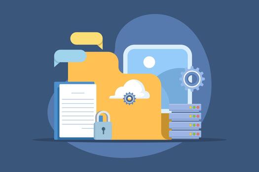 Cloud hosting security concept protecting data, apps, and infrastructure with encryption and access control, featuring secure cloud storage for hosted files and folders. vector