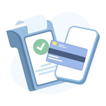 Card swiper, smartphone, and payment card with check mark. Modern digital payment solution, secure and convenient for stores, ecommerce, fintech, online systems, mobile finance. vector