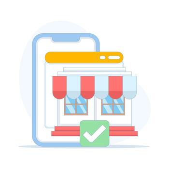 Ecommerce mobile web shop, digital store on smartphone screen, electronic storefront website, online retail, virtual shopping experience, modern icon design. vector