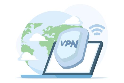 VPN software concept, shield icon, secure connection, encrypted data, virtual private network, remote server, cloud computing, cybersecurity illustration, flat design. vector