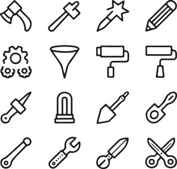 Collection of simple outline icons representing various tools and objects vector