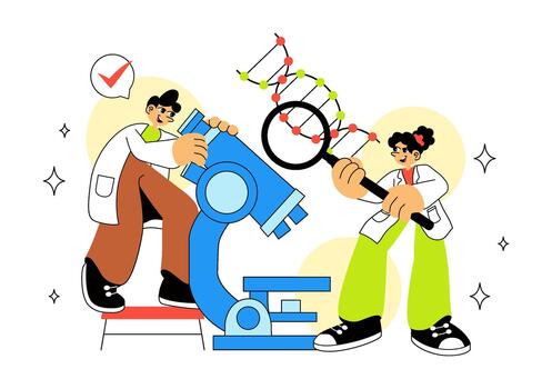 Scientists examining molecules with a microscope vector
