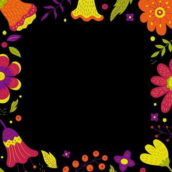 Square Floral Frame with Flowers, Berries and Leaves with Empty Space in the Center for Text on a Black Background. Perfect for Invitations, Greeting Cards, Posters, Packaging vector