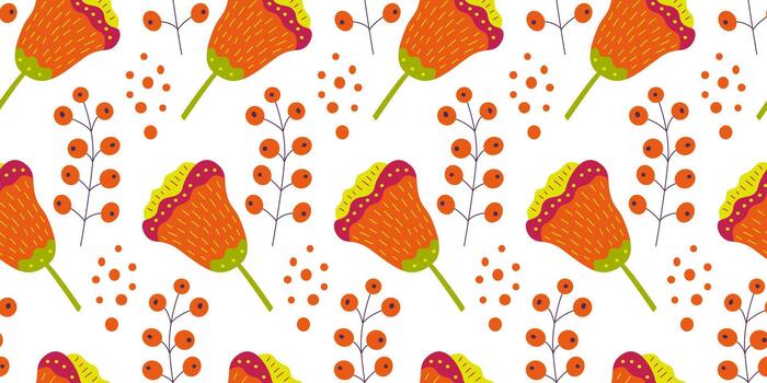sin costura botánico modelo con naranja bayas, flores y círculos en un blanco antecedentes para fondo de pantalla, textiles, tela y envase papel vector
