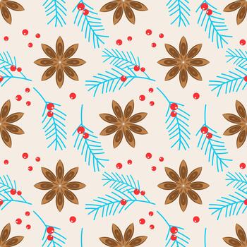 Merry Christmas and Happy New Year. Vibrant winter pattern with juniper branches and star anise for greeting cards and wrapping paper. vector