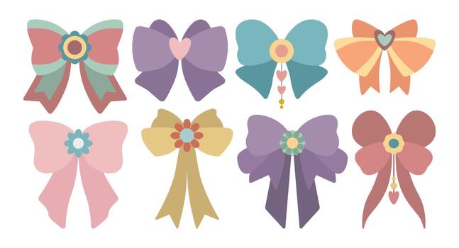 Decorative Bow Set Illustration with Pastel Colors. Each bow has unique elements like hearts or flowers, perfect for design and craft projects. vector