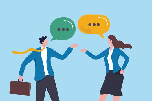 Conversation dialogue, argument or negotiation at work, talk or communicate to colleagues, discussion message, social community concept, businessman having conversation with businesswoman colleague. vector