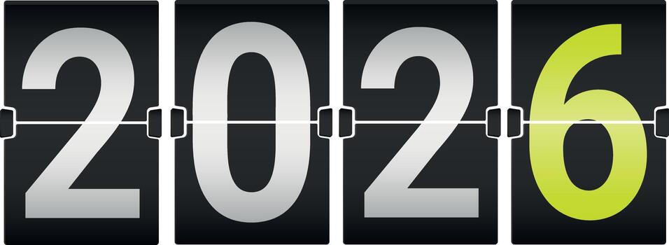 Mechanical flip display with changing 2026 digits on a classic split flap panel without background. vector