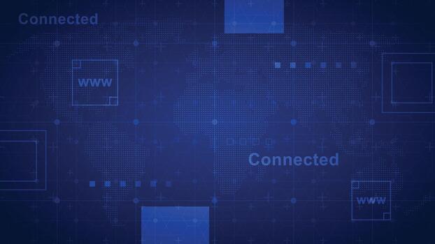 Digital world map background with connected text and www symbol for global internet network and technology communication concept. vector