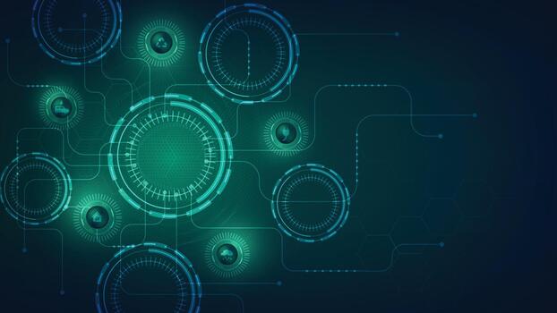 Abstract futuristic technology background with green energy and smart city icons, digital circuit board connection for eco-friendly innovation concept. vector