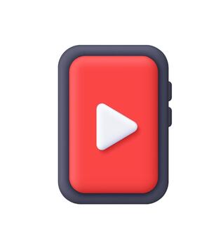 White play button on red smartphone screen. Multimedia, social media, content, streaming, user interfaces and entertainment concept. 3d icon. Cartoon minimal style. vector