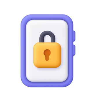Purple smartphone with white screen and yellow padlock. Data protection, digital safety, security, encryption and privacy concept. 3d icon. Cartoon minimal style. vector