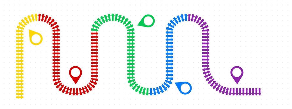 Top view railway network infographic showing train station connections and track routes. illustration of railroad map with journey timeline, cargo logistics paths vector