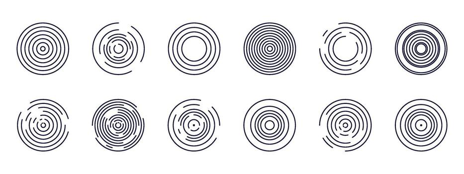 Concentric circles pattern illustration. radial ripple rings with varied line spacing and gaps, symbolizing sound waves, signal expansion, radar pulses, and vibration echo effects. vector