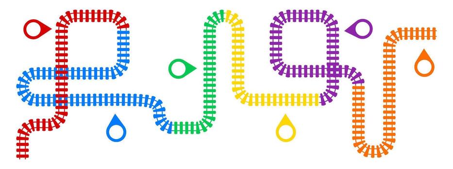 Railway infographic map with train tracks and route lines showing journey path. illustration of railroad station scheme with direction arrows for transport logistics and travel timeline vector