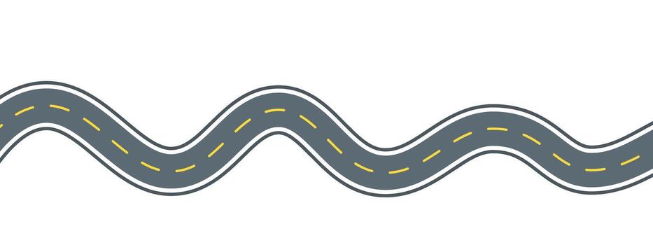 Wavy road flat line illustration. outline pictogram of a horizontal winding highway with yellow dashed lane markings and curved bends, symbolizing seamless travel route and journey path vector