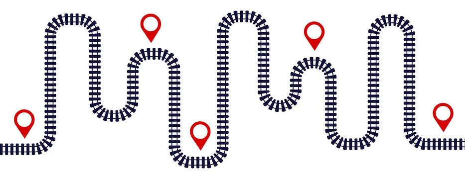 Railway journey infographic template. winding train tracks with station pins, symbolizing route mapping, travel timeline, and transportation navigation concept. vector